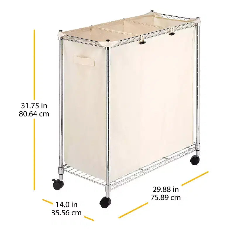 Clasificador de ropa triple de color crema con ruedas, 3 compartimentos