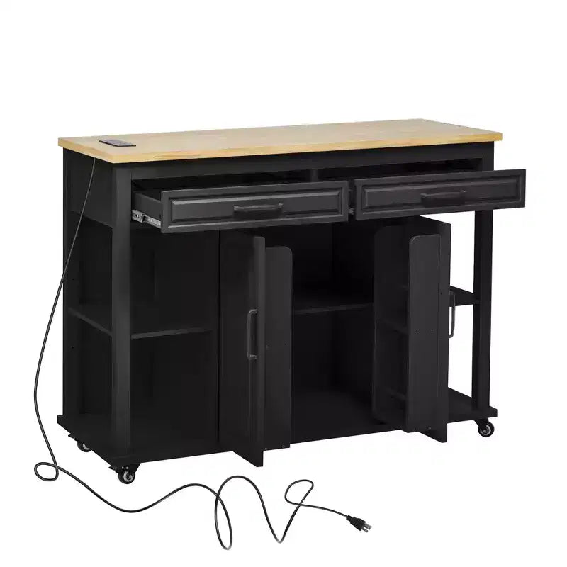 Isla de cocina de 47" con mesa extensible, negro/gris/blanco, con capacidad para 2-4 personas
