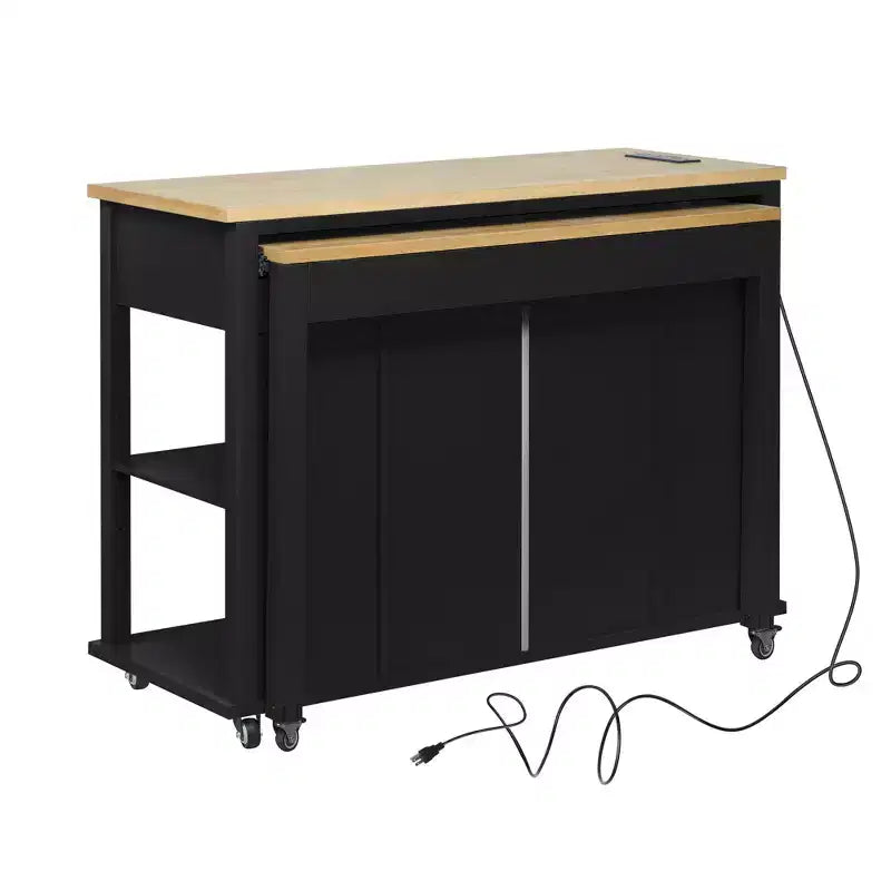 Isla de cocina de 47" con mesa extensible, negro/gris/blanco, con capacidad para 2-4 personas