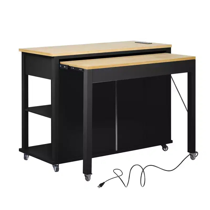 Isla de cocina de 47" con mesa extensible, negro/gris/blanco, con capacidad para 2-4 personas