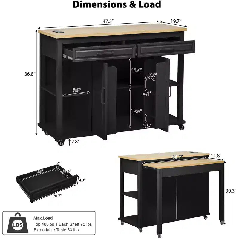 Isla de cocina de 47" con mesa extensible, negro/gris/blanco, con capacidad para 2-4 personas