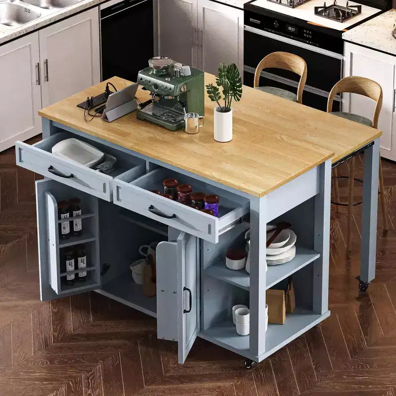 Isla de cocina de 47" con mesa extensible, negro/gris/blanco, con capacidad para 2-4 personas