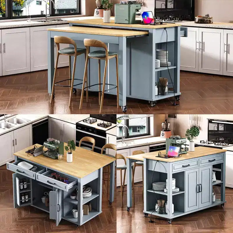 Isla de cocina de 47" con mesa extensible, negro/gris/blanco, con capacidad para 2-4 personas