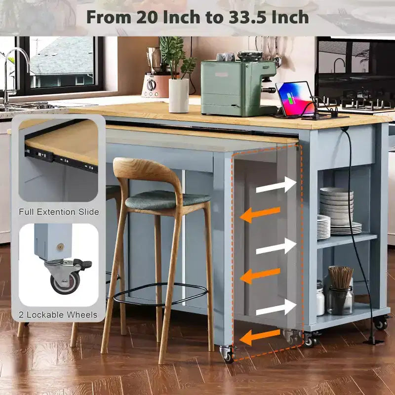 Isla de cocina de 47" con mesa extensible, negro/gris/blanco, con capacidad para 2-4 personas