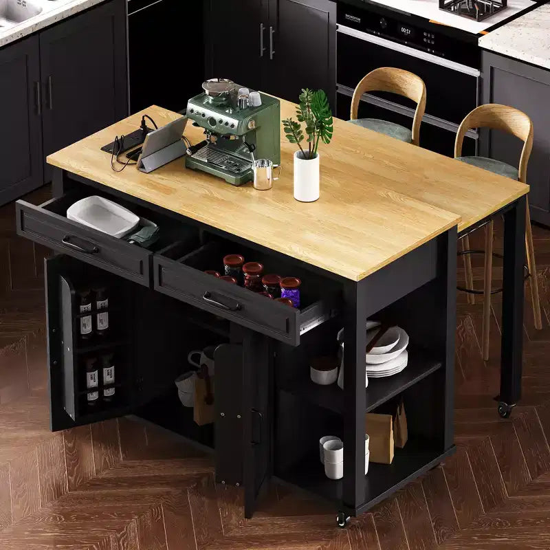 Isla de cocina de 47" con mesa extensible, negro/gris/blanco, con capacidad para 2-4 personas
