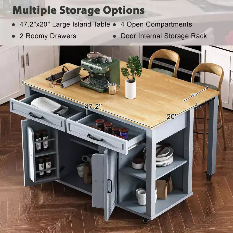 Isla de cocina de 47" con mesa extensible, negro/gris/blanco, con capacidad para 2-4 personas