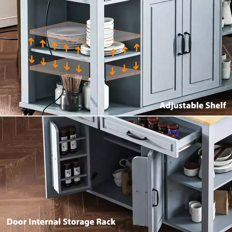 Isla de cocina de 47" con mesa extensible, negro/gris/blanco, con capacidad para 2-4 personas