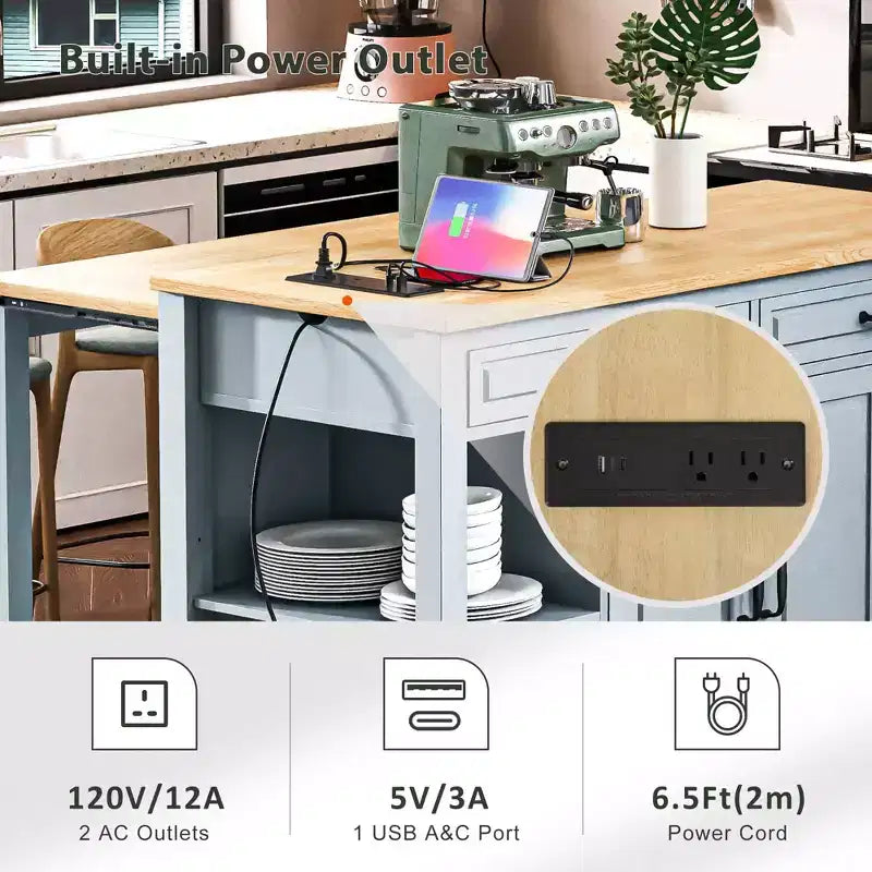 Isla de cocina de 47" con mesa extensible, negro/gris/blanco, con capacidad para 2-4 personas