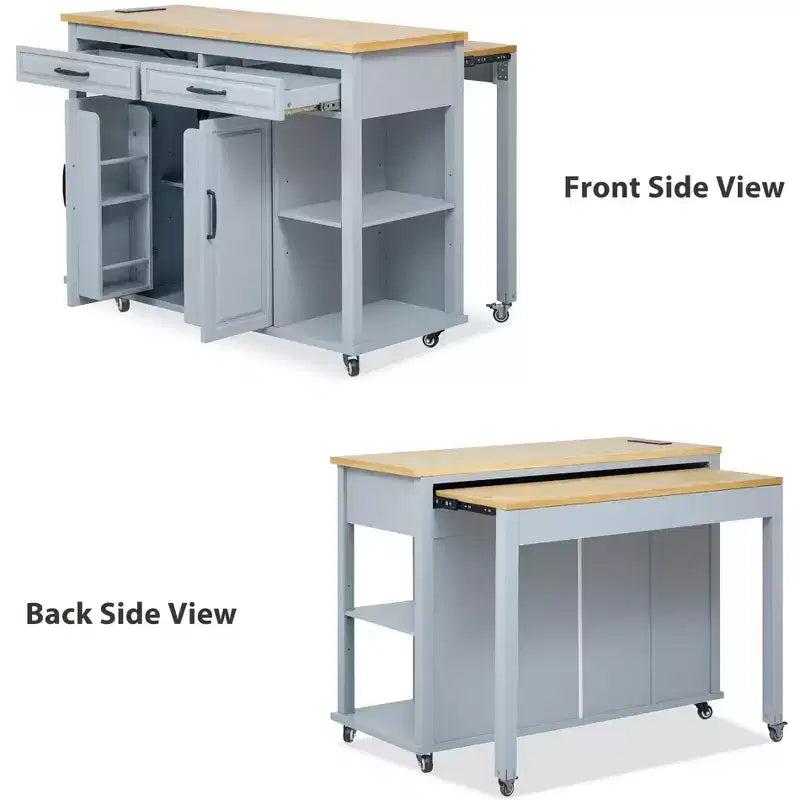 Isla de cocina de 47" con mesa extensible, negro/gris/blanco, con capacidad para 2-4 personas