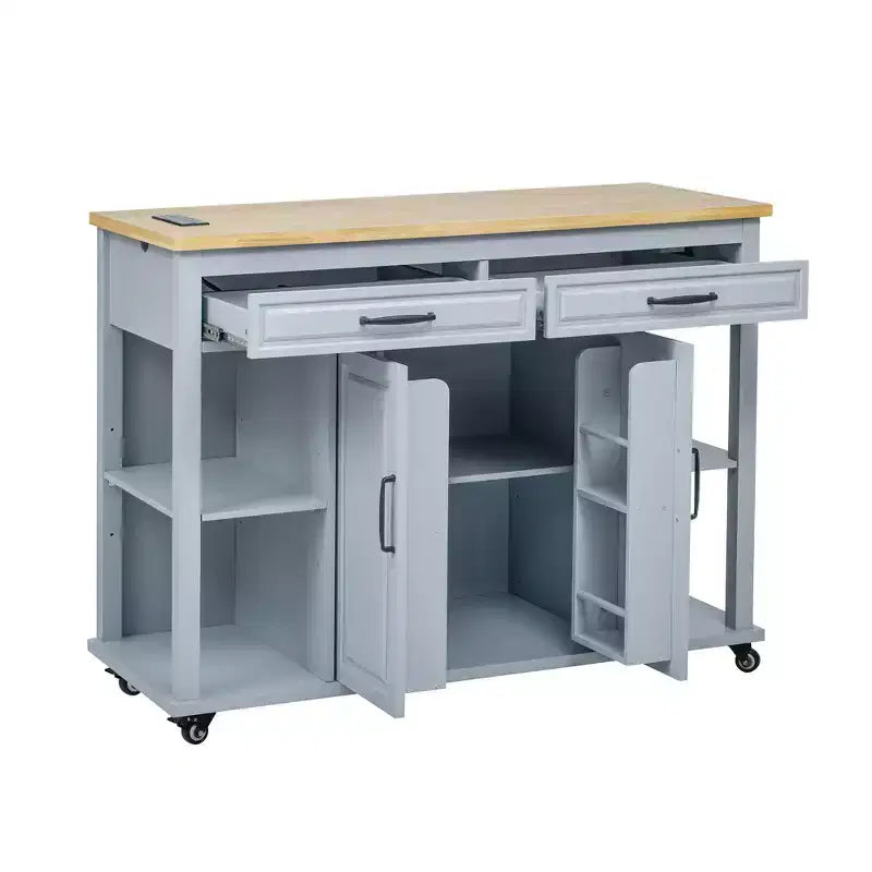 Isla de cocina de 47" con mesa extensible, negro/gris/blanco, con capacidad para 2-4 personas