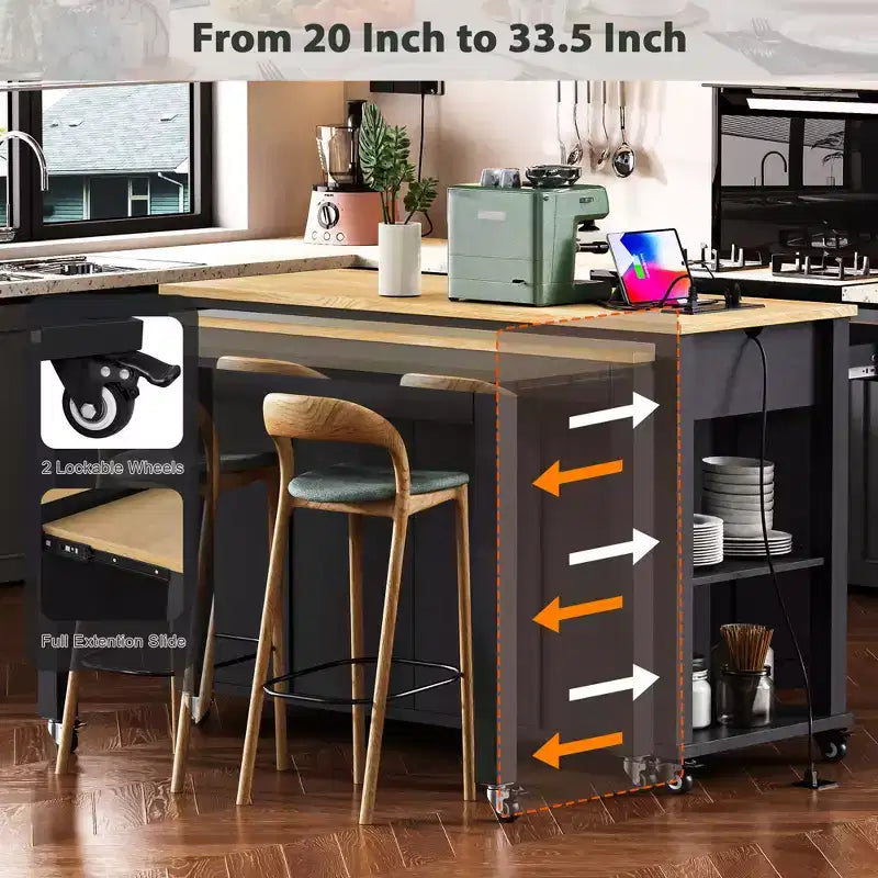 Isla de cocina de 47" con mesa extensible, negro/gris/blanco, con capacidad para 2-4 personas