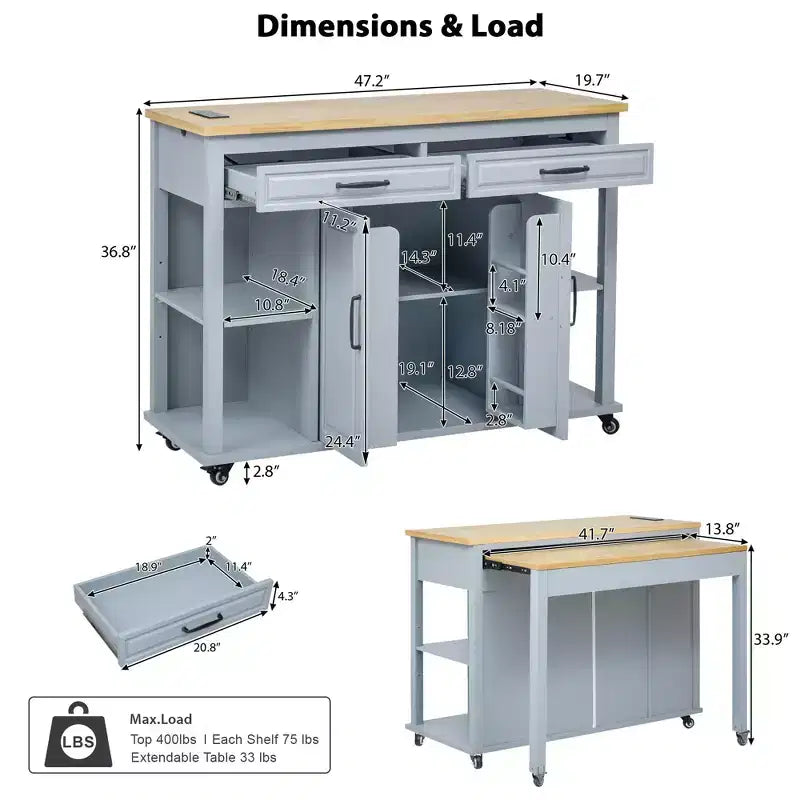 Isla de cocina de 47" con mesa extensible, negro/gris/blanco, con capacidad para 2-4 personas