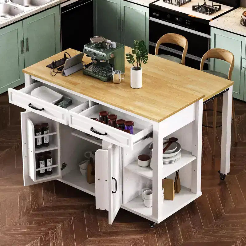 Isla de cocina de 47" con mesa extensible, negro/gris/blanco, con capacidad para 2-4 personas