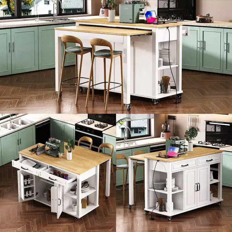 Isla de cocina de 47" con mesa extensible, negro/gris/blanco, con capacidad para 2-4 personas