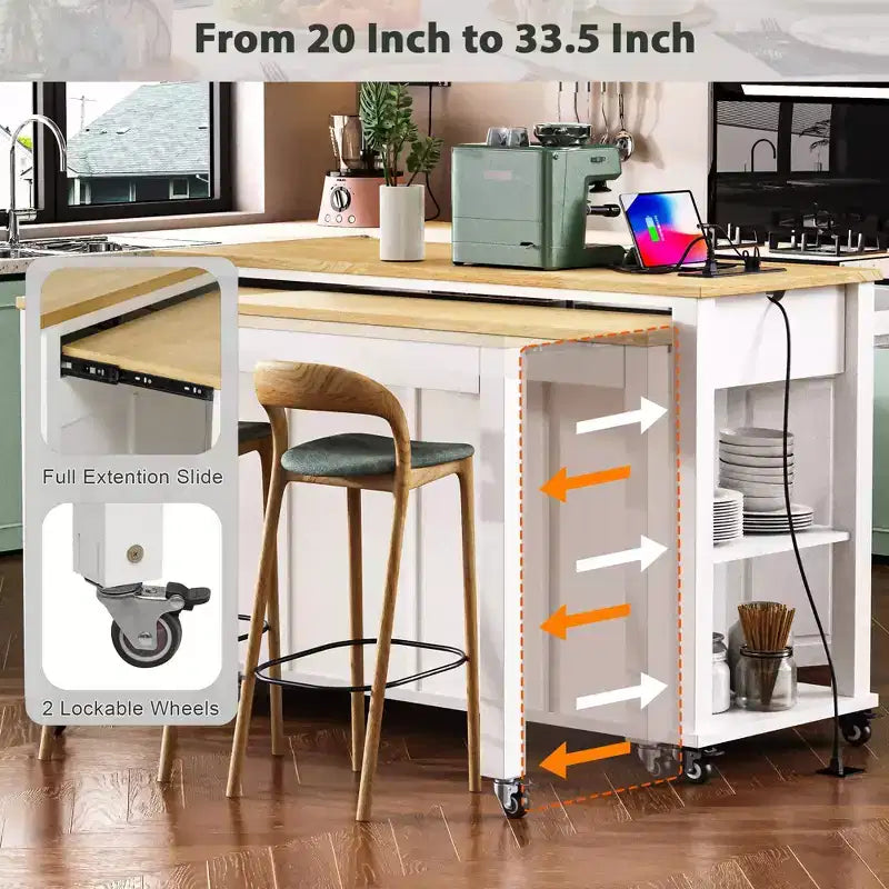 Isla de cocina de 47" con mesa extensible, negro/gris/blanco, con capacidad para 2-4 personas