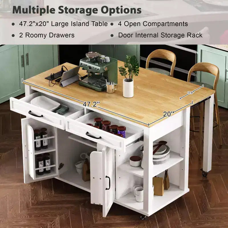 Isla de cocina de 47" con mesa extensible, negro/gris/blanco, con capacidad para 2-4 personas