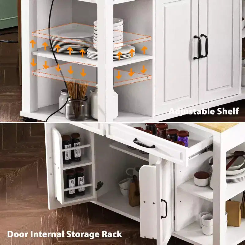 Isla de cocina de 47" con mesa extensible, negro/gris/blanco, con capacidad para 2-4 personas