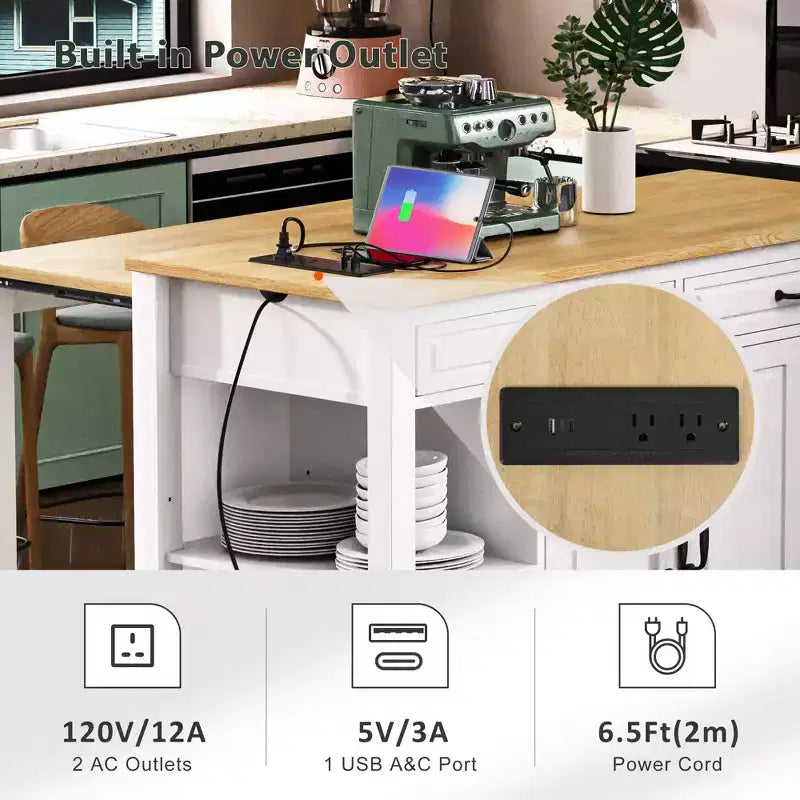 Isla de cocina de 47" con mesa extensible, negro/gris/blanco, con capacidad para 2-4 personas