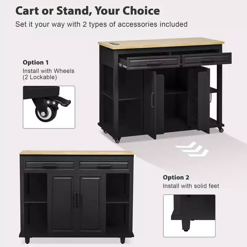 Isla de cocina de 47" con mesa extensible, negro/gris/blanco, con capacidad para 2-4 personas