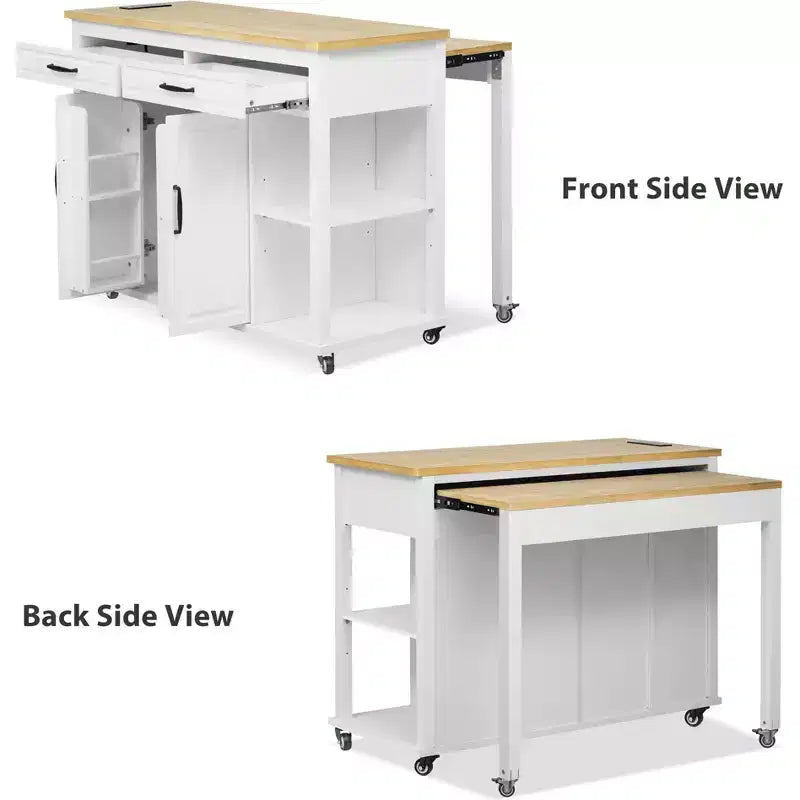 Isla de cocina de 47" con mesa extensible, negro/gris/blanco, con capacidad para 2-4 personas