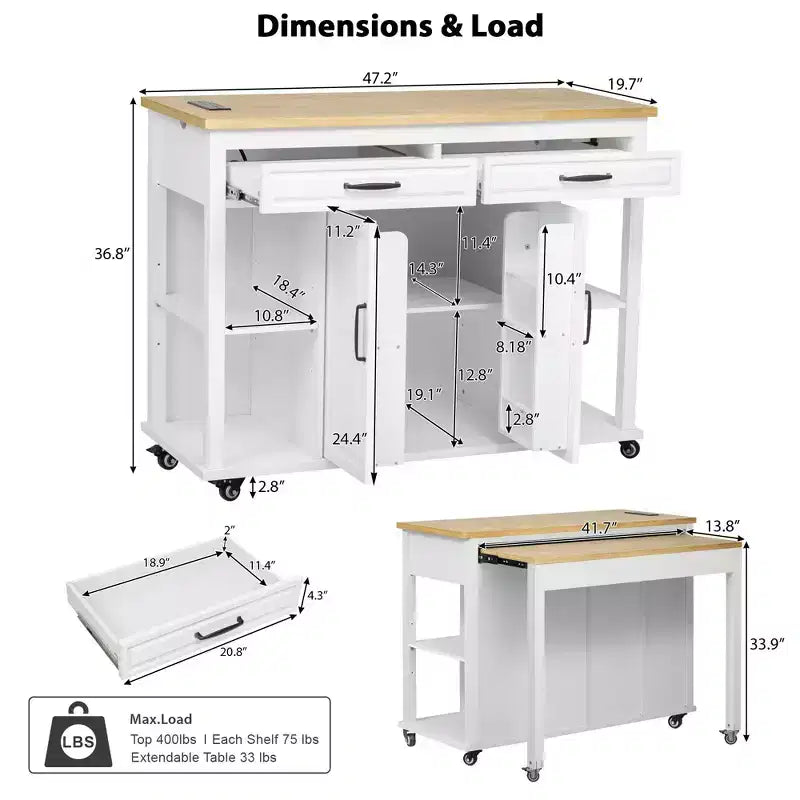 Isla de cocina de 47" con mesa extensible, negro/gris/blanco, con capacidad para 2-4 personas