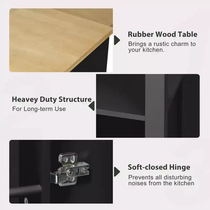 Isla de cocina de 47" con mesa extensible, negro/gris/blanco, con capacidad para 2-4 personas