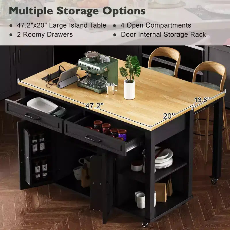 Isla de cocina de 47" con mesa extensible, negro/gris/blanco, con capacidad para 2-4 personas