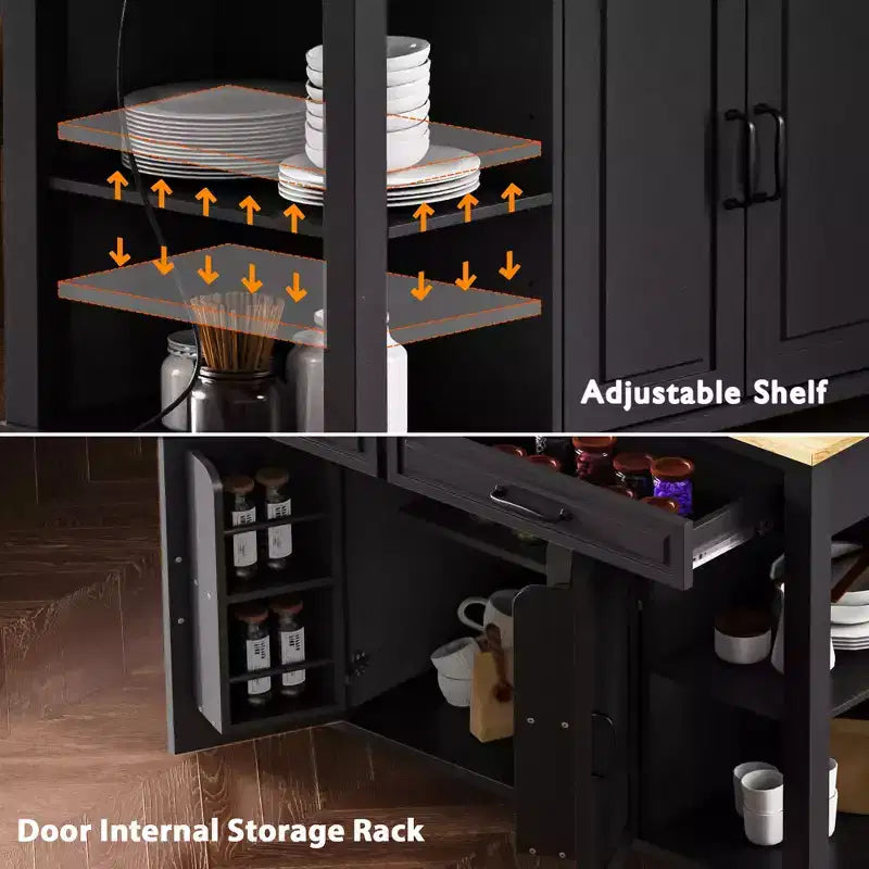 Isla de cocina de 47" con mesa extensible, negro/gris/blanco, con capacidad para 2-4 personas