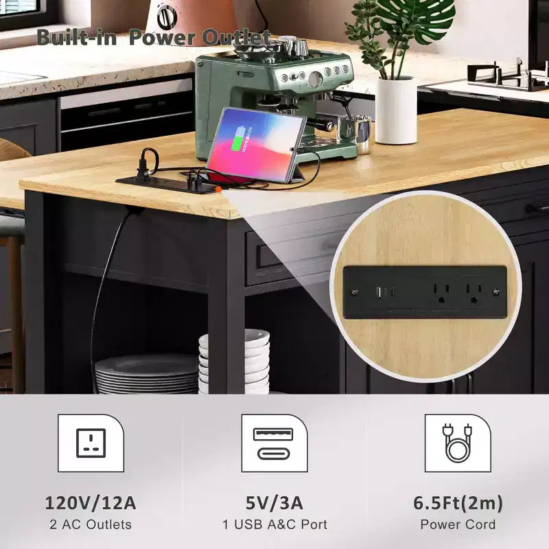 Isla de cocina de 47" con mesa extensible, negro/gris/blanco, con capacidad para 2-4 personas