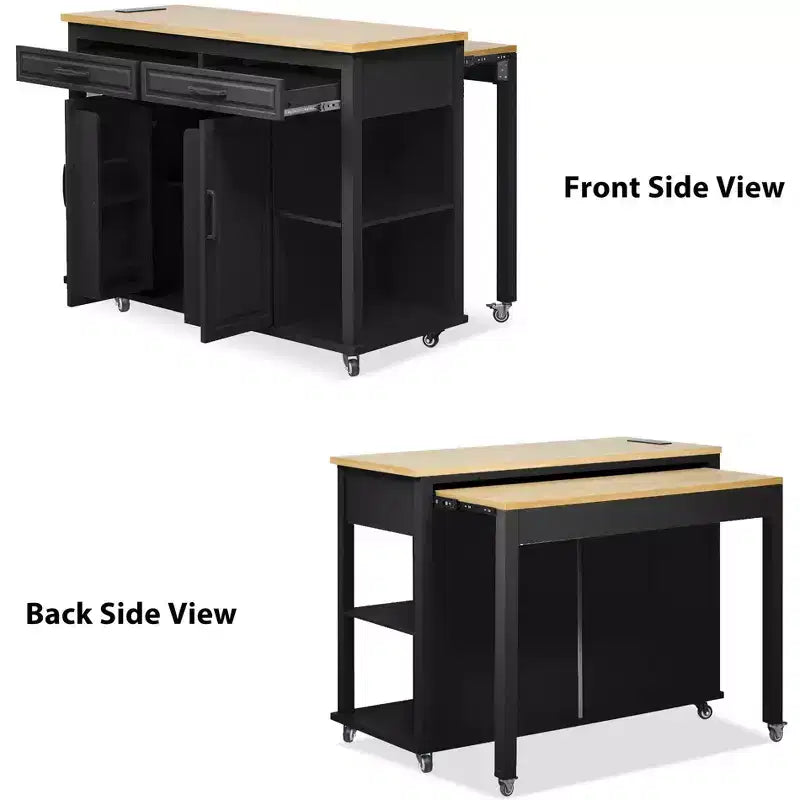Isla de cocina de 47" con mesa extensible, negro/gris/blanco, con capacidad para 2-4 personas