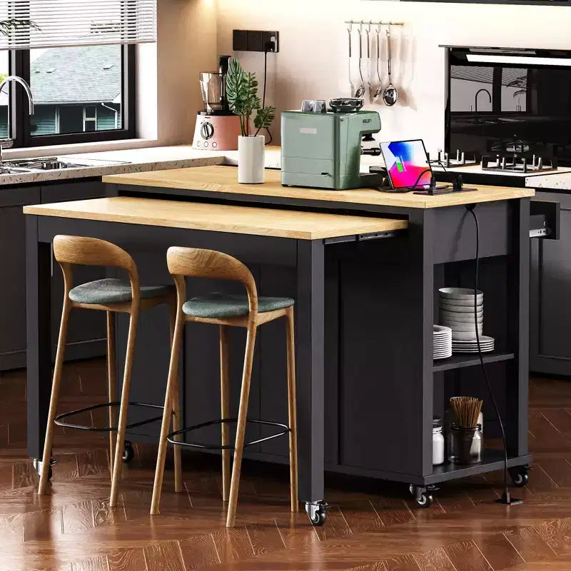Isla de cocina de 47" con mesa extensible, negro/gris/blanco, con capacidad para 2-4 personas