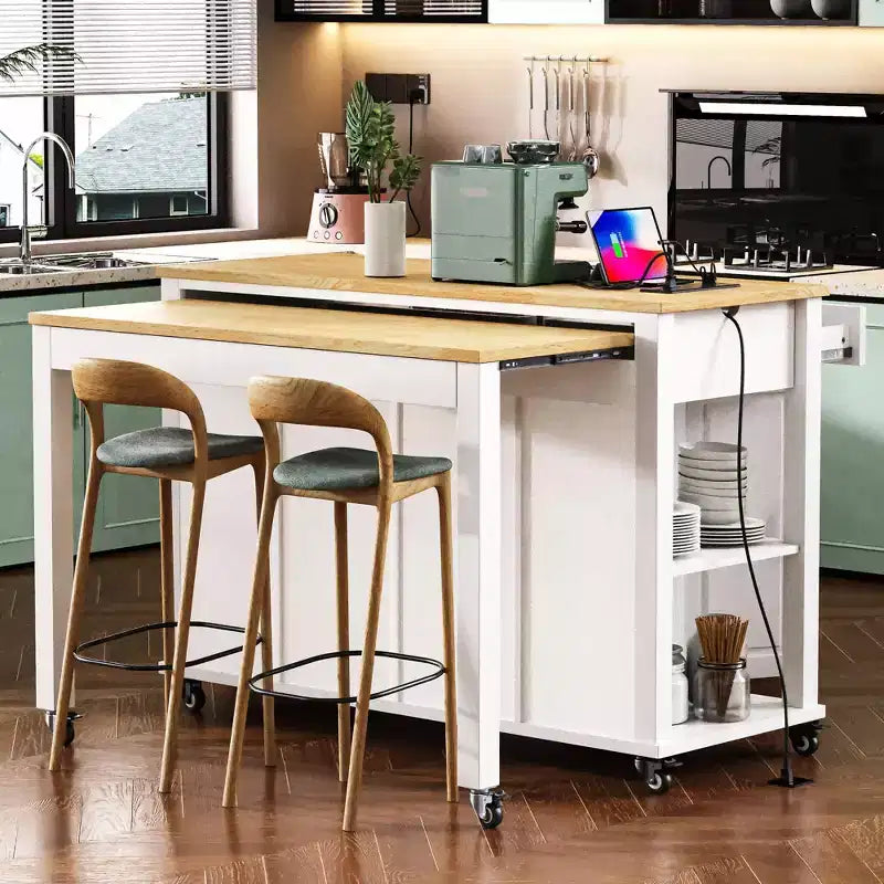 Isla de cocina de 47" con mesa extensible, negro/gris/blanco, con capacidad para 2-4 personas