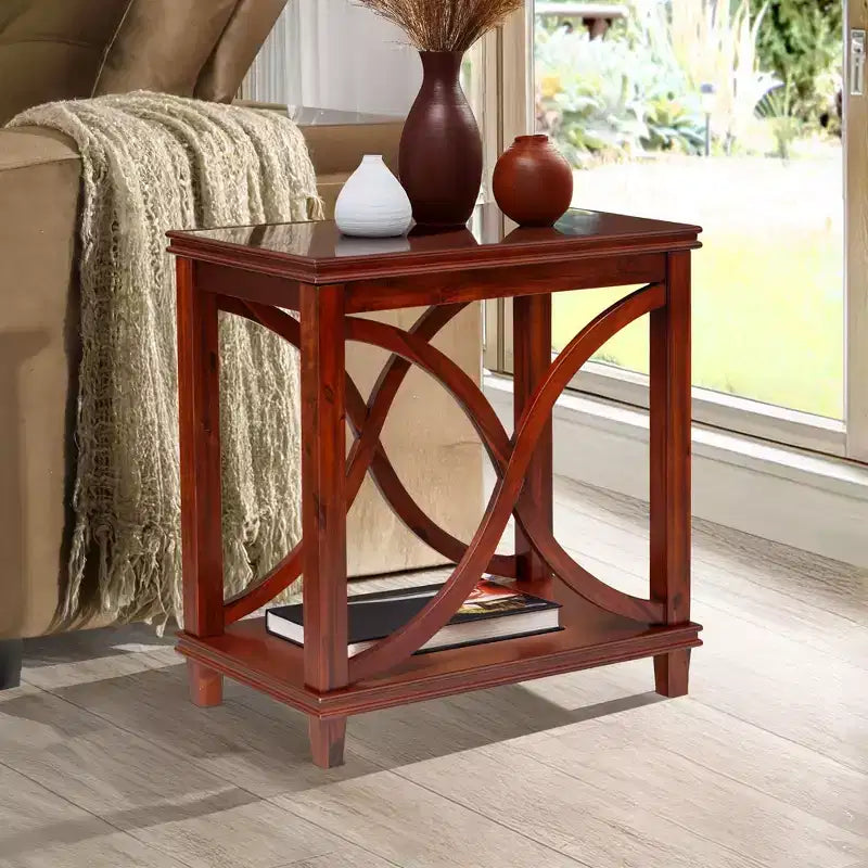 Mesa consola cerezo de 2 niveles con diseño en X, 1 persona