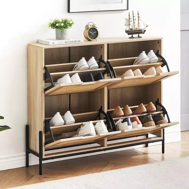 Zapatero de ratán con 4 cajones abatibles y patas de metal, independiente, con capacidad para 12 pares