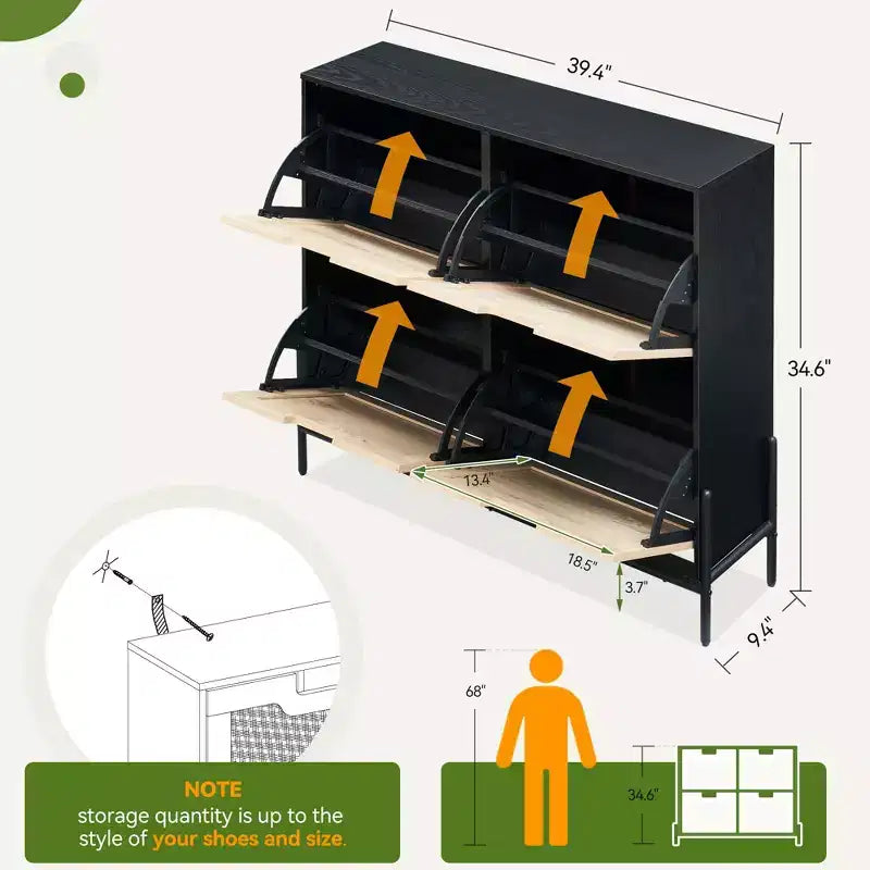 Zapatero de ratán con 4 cajones abatibles y patas de metal, independiente, con capacidad para 12 pares