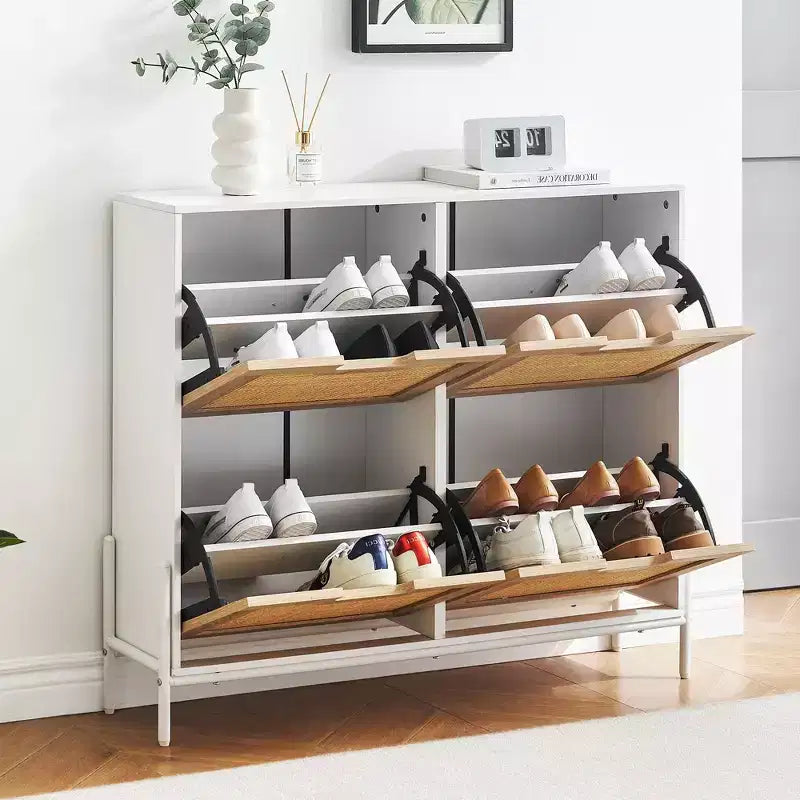 Zapatero de ratán con 4 cajones abatibles y patas de metal, independiente, con capacidad para 12 pares