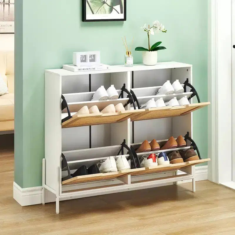 Zapatero de ratán con 4 cajones abatibles y patas de metal, independiente, con capacidad para 12 pares