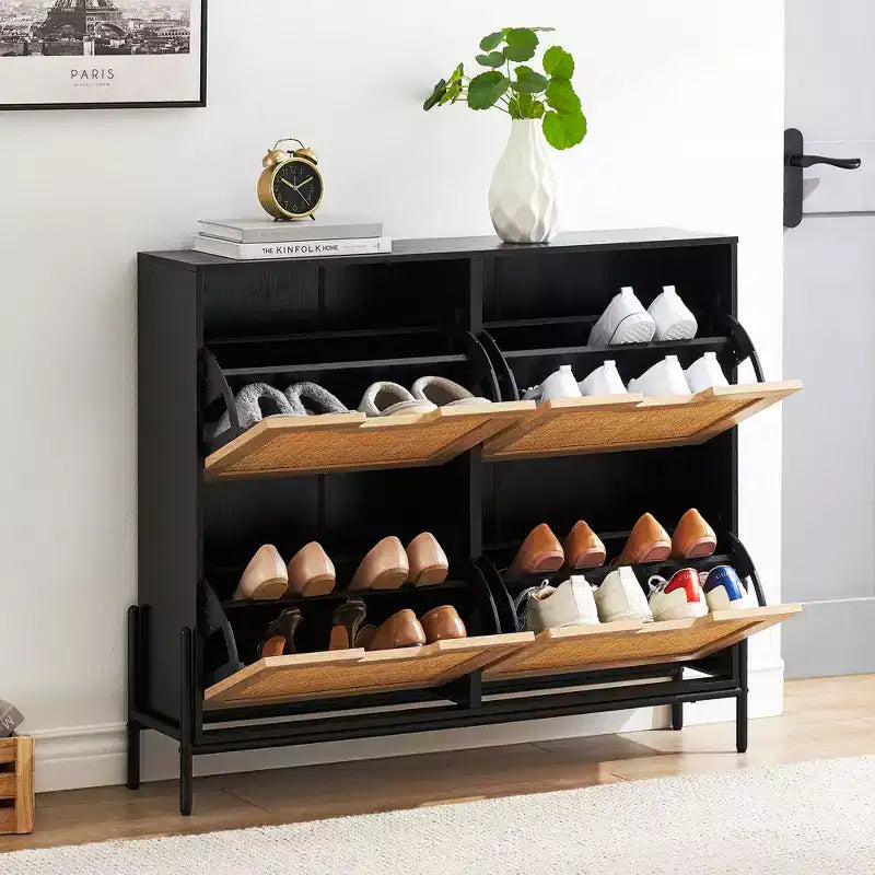 Zapatero de ratán con 4 cajones abatibles y patas de metal, independiente, con capacidad para 12 pares