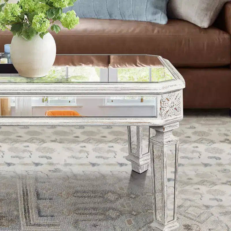 Mesa de centro plateada con espejo, rectangular/redonda, superficie de cristal, 1 pieza