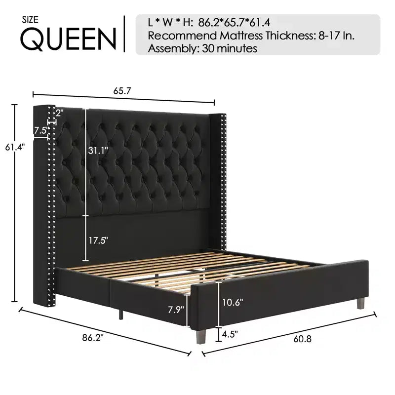 Marco de cama tapizado de terciopelo con cabecero alto y base de plataforma en beige, negro o gris – Queen, King o California King