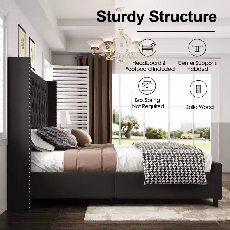 Marco de cama tapizado de terciopelo con cabecero alto y base de plataforma en beige, negro o gris – Queen, King o California King
