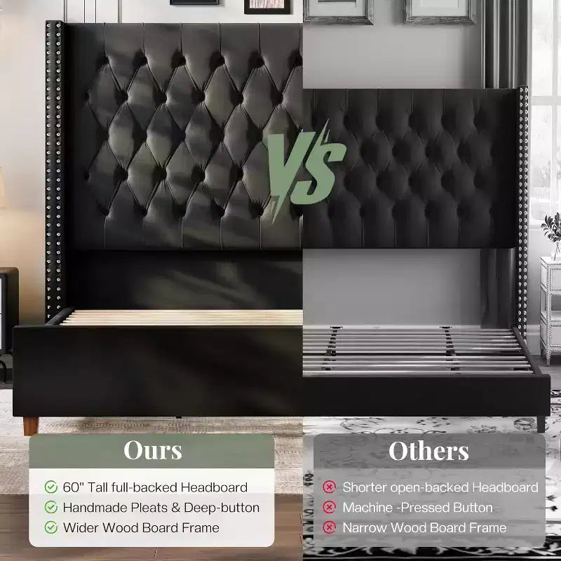 Marco de cama tapizado de terciopelo con cabecero alto y base de plataforma en beige, negro o gris – Queen, King o California King