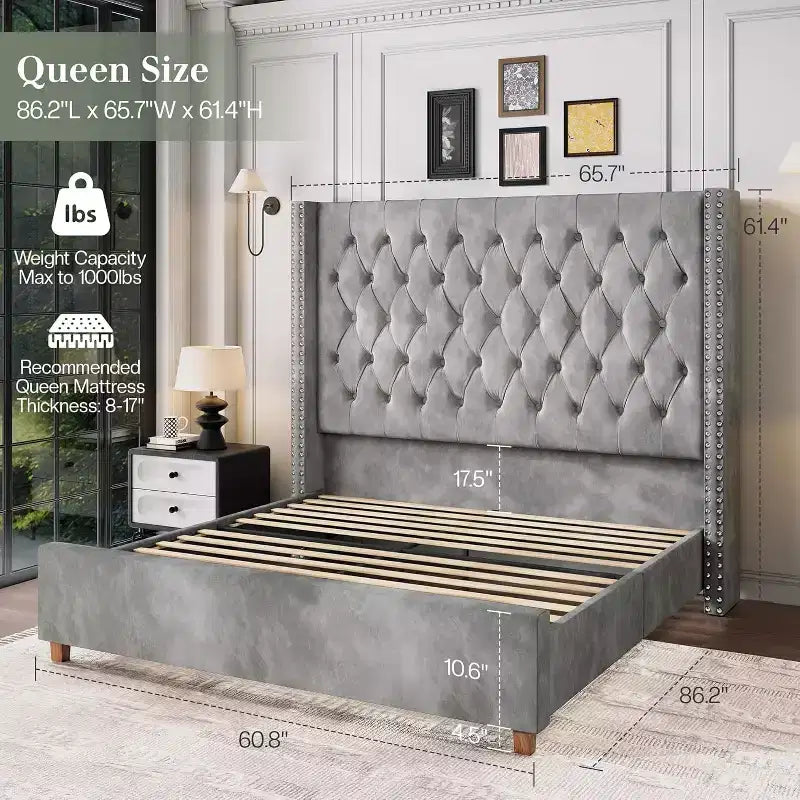 Marco de cama tapizado de terciopelo con cabecero alto y base de plataforma en beige, negro o gris – Queen, King o California King