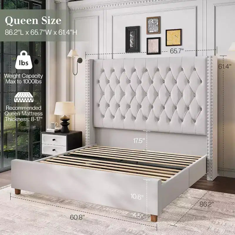 Marco de cama tapizado de terciopelo con cabecero alto y base de plataforma en beige, negro o gris – Queen, King o California King