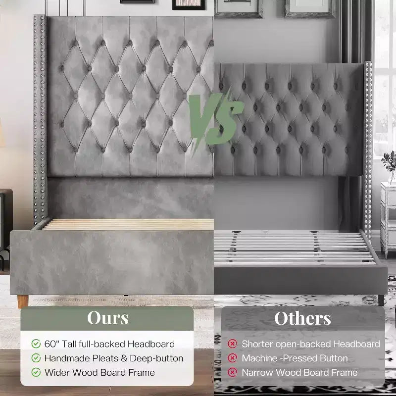 Marco de cama tapizado de terciopelo con cabecero alto y base de plataforma en beige, negro o gris – Queen, King o California King