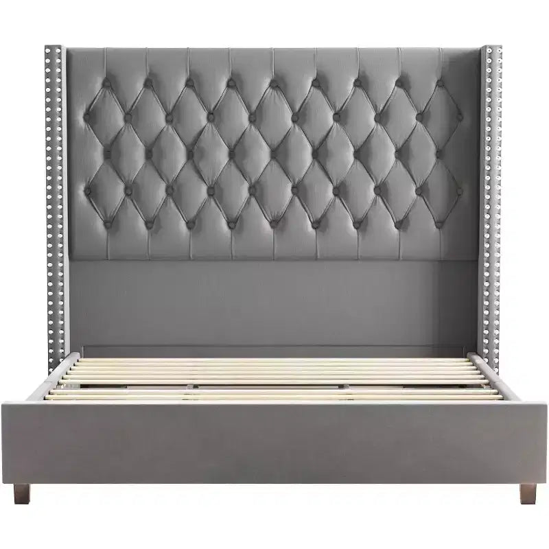 Marco de cama tapizado de terciopelo con cabecero alto y base de plataforma en beige, negro o gris – Queen, King o California King