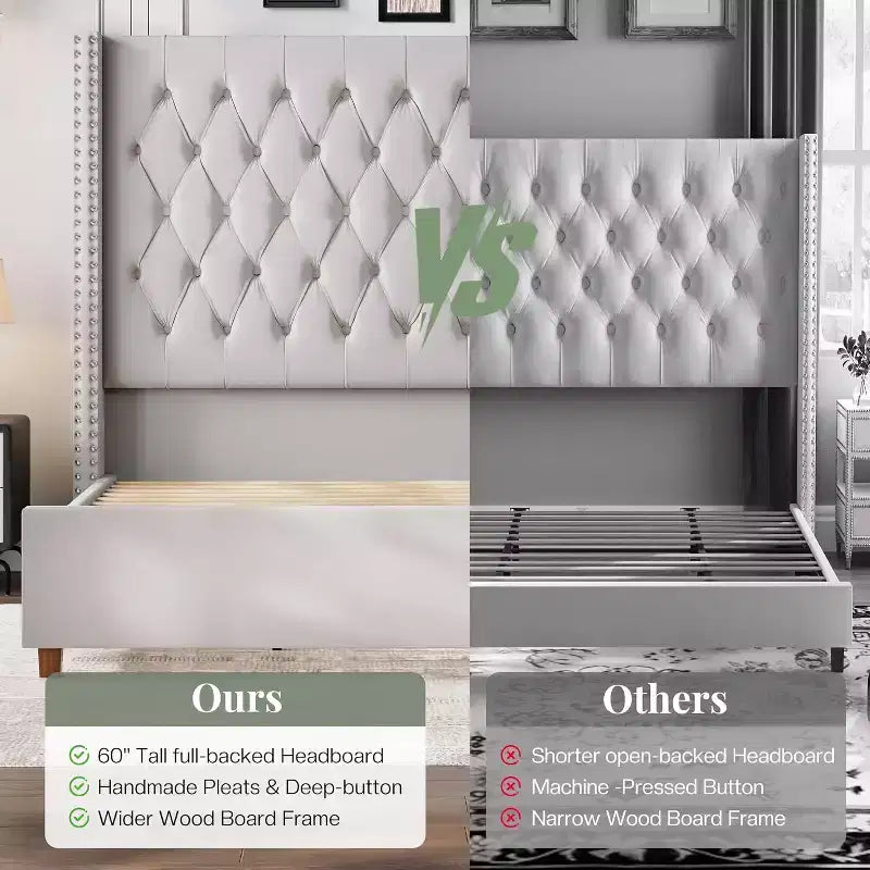 Marco de cama tapizado de terciopelo con cabecero alto y base de plataforma en beige, negro o gris – Queen, King o California King