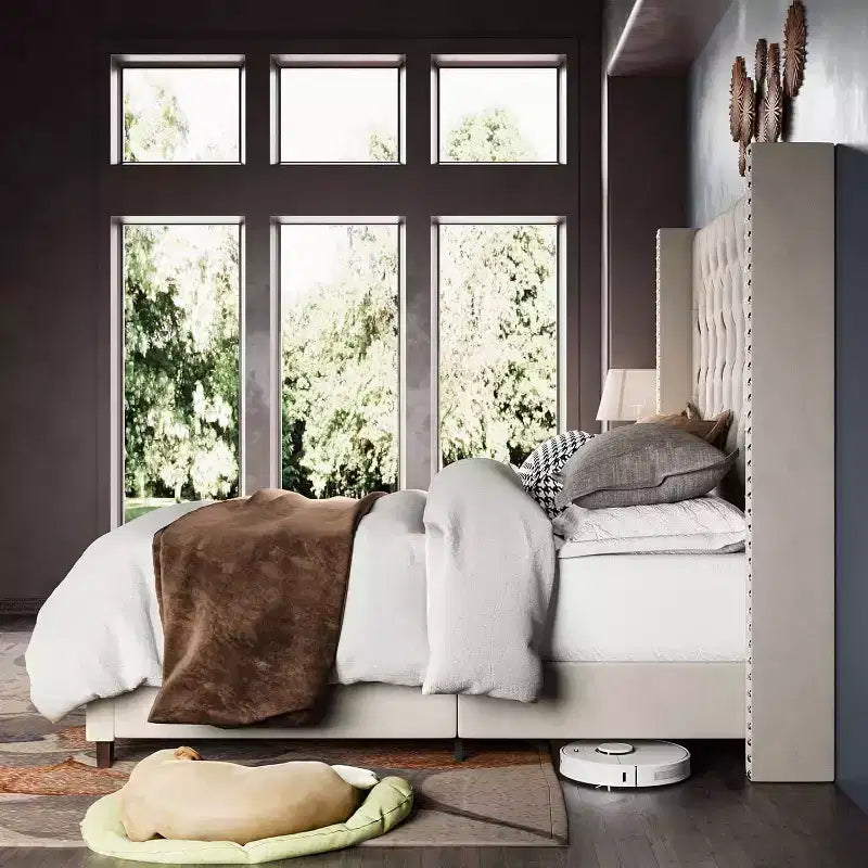Marco de cama tapizado de terciopelo con cabecero alto y base de plataforma en beige, negro o gris – Queen, King o California King