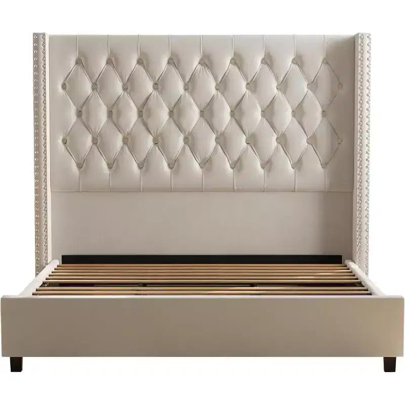 Marco de cama tapizado de terciopelo con cabecero alto y base de plataforma en beige, negro o gris – Queen, King o California King