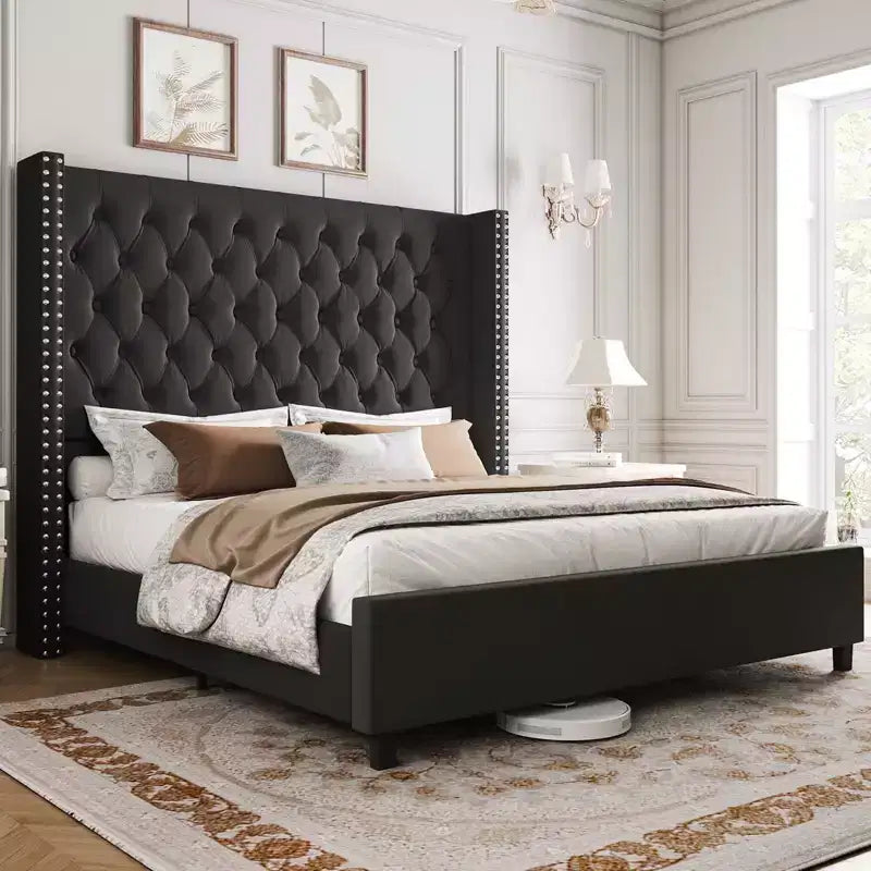 Marco de cama tapizado de terciopelo con cabecero alto y base de plataforma en beige, negro o gris – Queen, King o California King
